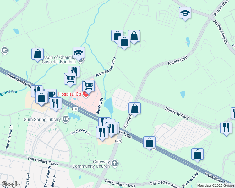 map of restaurants, bars, coffee shops, grocery stores, and more near 24469 Juniper Wood Terrace in Sterling
