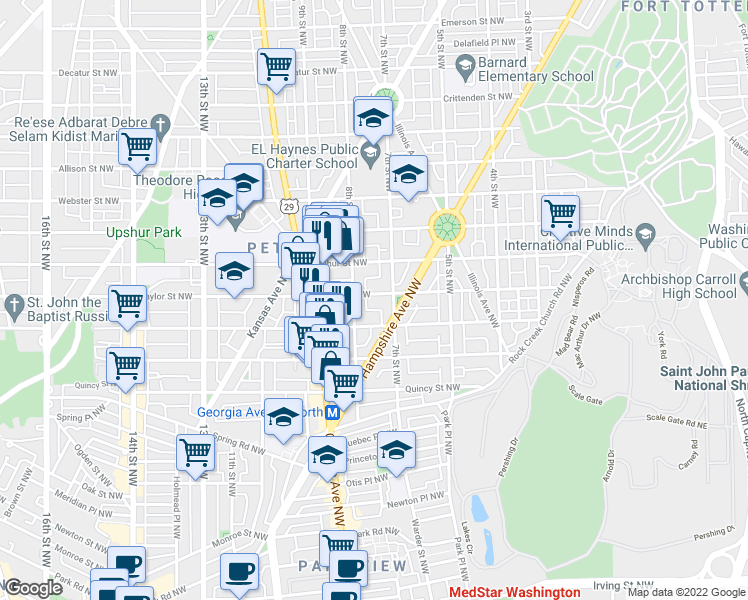 map of restaurants, bars, coffee shops, grocery stores, and more near 714 Taylor Street Northwest in Washington