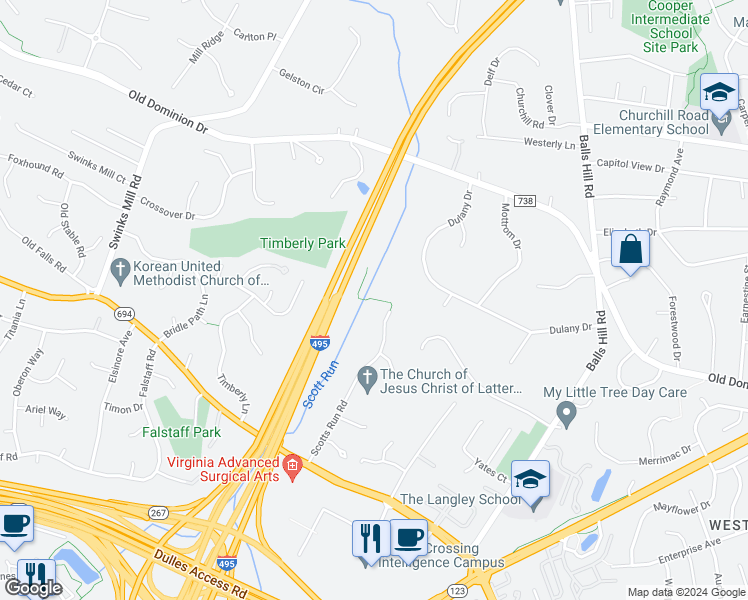 map of restaurants, bars, coffee shops, grocery stores, and more near 7481 Preserve Crest Way in McLean