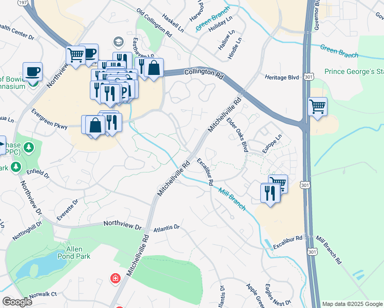 map of restaurants, bars, coffee shops, grocery stores, and more near Mitchellville Rd & Excalibur Rd in Bowie