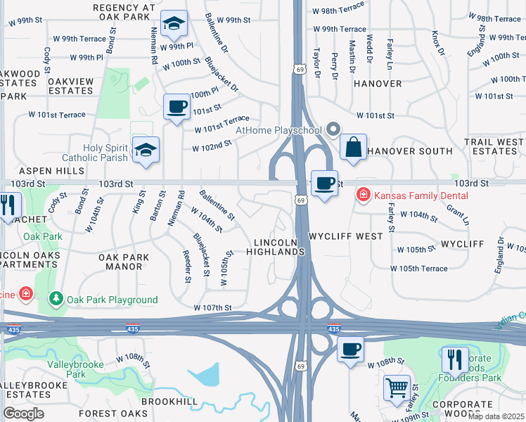 map of restaurants, bars, coffee shops, grocery stores, and more near 10334 Goddard Street in Overland Park