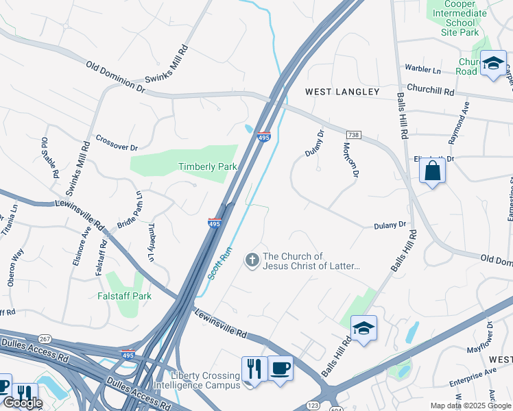 map of restaurants, bars, coffee shops, grocery stores, and more near 7481 Preserve Crest Way in McLean