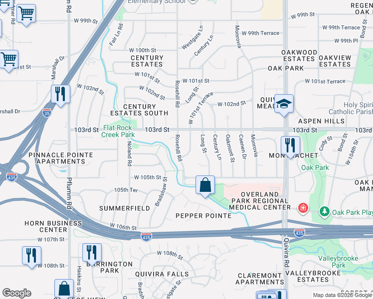 map of restaurants, bars, coffee shops, grocery stores, and more near 10413 Westgate Street in Lenexa