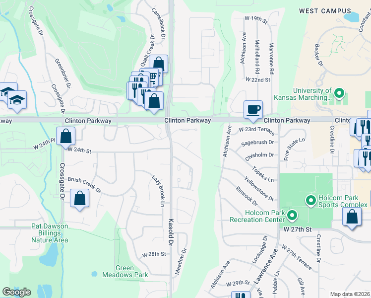 map of restaurants, bars, coffee shops, grocery stores, and more near in Lawrence