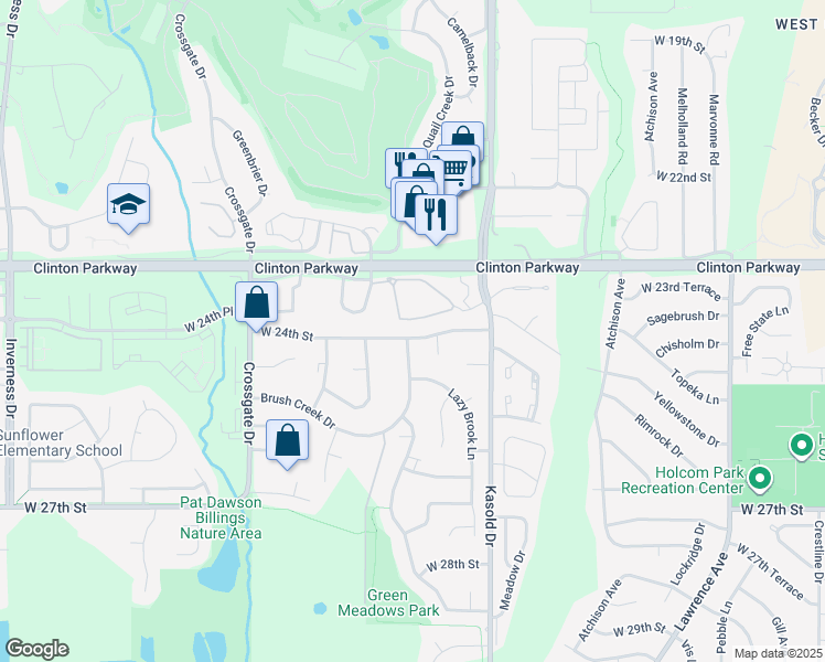map of restaurants, bars, coffee shops, grocery stores, and more near 2417 Winterbrook Court in Lawrence