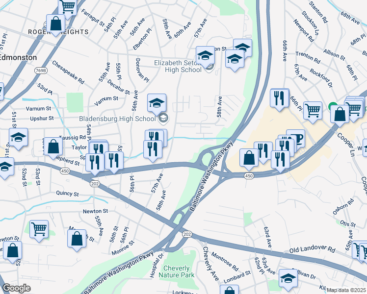 map of restaurants, bars, coffee shops, grocery stores, and more near 5802 Annapolis Road in Bladensburg