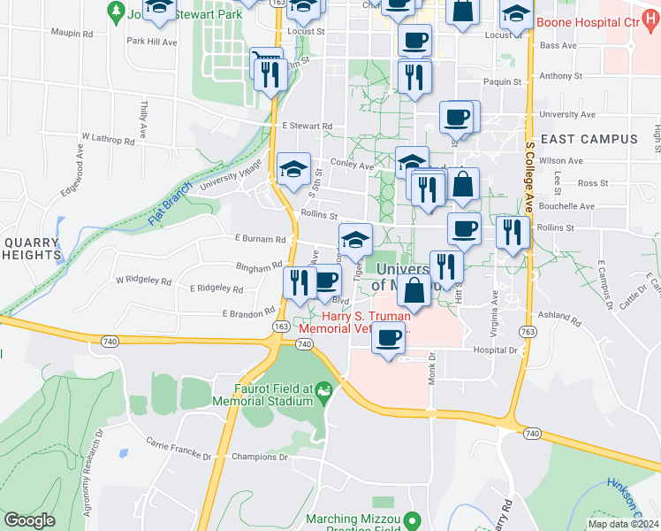 map of restaurants, bars, coffee shops, grocery stores, and more near 909 Richmond Avenue in Columbia