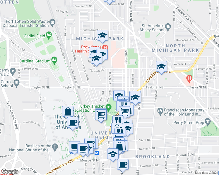 map of restaurants, bars, coffee shops, grocery stores, and more near Taylor St NE & 10th St NE in Washington