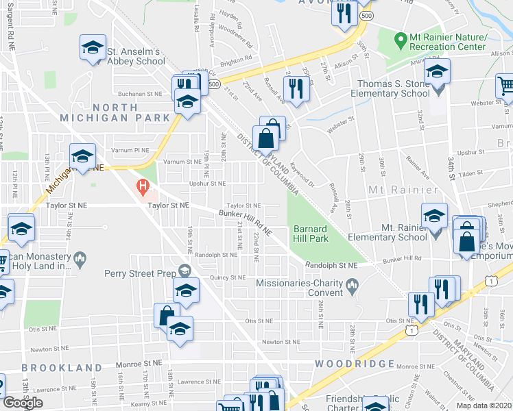map of restaurants, bars, coffee shops, grocery stores, and more near Taylor Street Northeast & 22nd Street Northeast in Washington