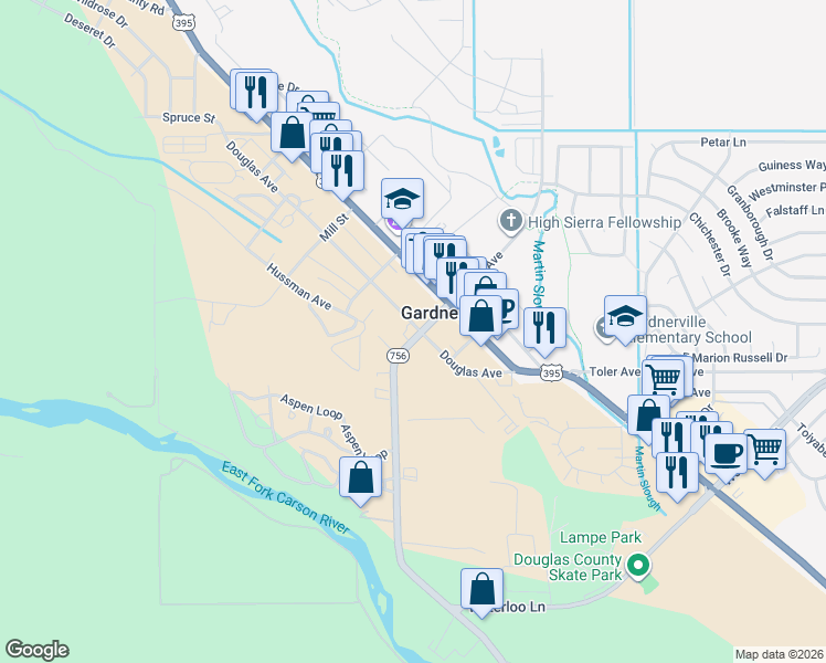 map of restaurants, bars, coffee shops, grocery stores, and more near 1207 Gilman Avenue in Gardnerville