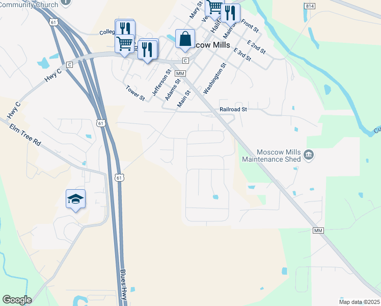 map of restaurants, bars, coffee shops, grocery stores, and more near 222 Austin Oaks Drive in Moscow Mills