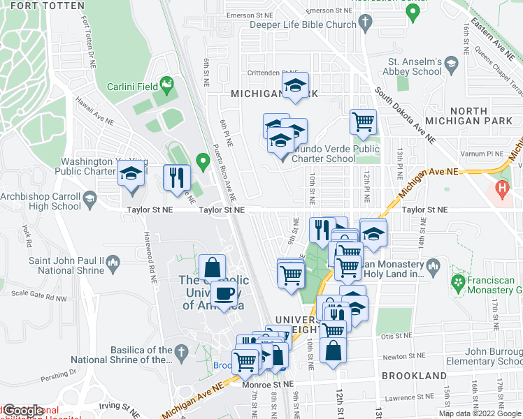 map of restaurants, bars, coffee shops, grocery stores, and more near Taylor Street Northeast & 7th Street Northeast in Washington