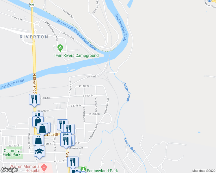 map of restaurants, bars, coffee shops, grocery stores, and more near 1672 Edgemont Avenue in Front Royal