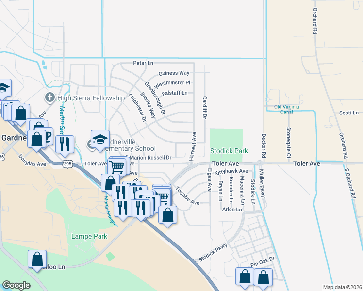 map of restaurants, bars, coffee shops, grocery stores, and more near 1373 Brooke Way in Gardnerville