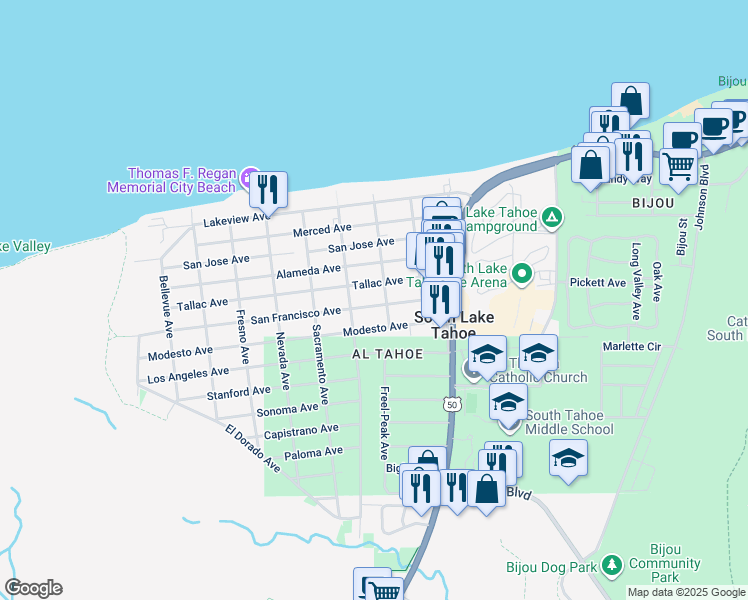 map of restaurants, bars, coffee shops, grocery stores, and more near 917 San Francisco Avenue in South Lake Tahoe