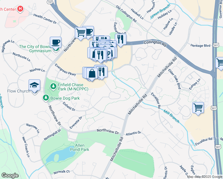 map of restaurants, bars, coffee shops, grocery stores, and more near 15612 Everglade Lane in Bowie