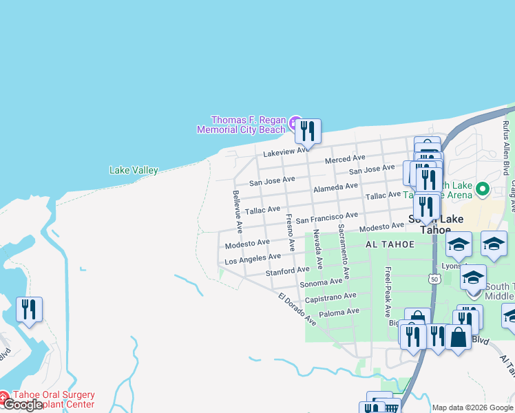 map of restaurants, bars, coffee shops, grocery stores, and more near 3130 Berkeley Avenue in South Lake Tahoe