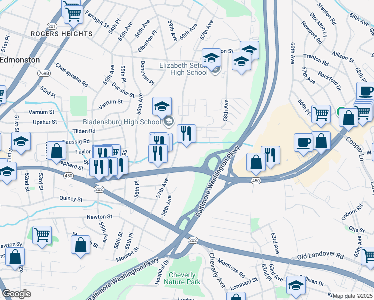 map of restaurants, bars, coffee shops, grocery stores, and more near 5802 Annapolis Road in Bladensburg