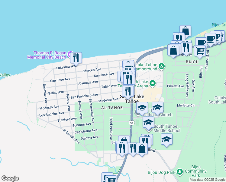 map of restaurants, bars, coffee shops, grocery stores, and more near 921 Tallac Avenue in South Lake Tahoe