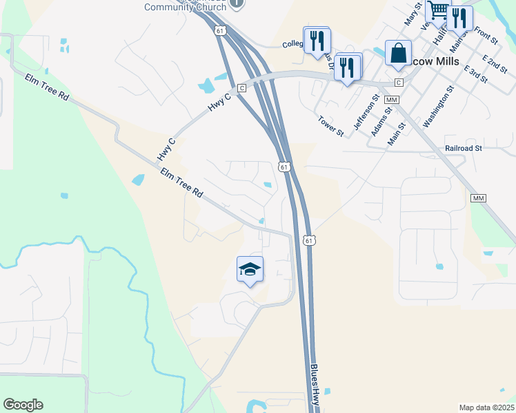 map of restaurants, bars, coffee shops, grocery stores, and more near 107 Pam Court in Moscow Mills