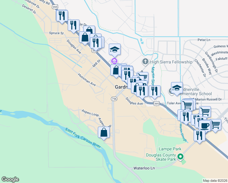 map of restaurants, bars, coffee shops, grocery stores, and more near 1218 Gilman Avenue in Gardnerville