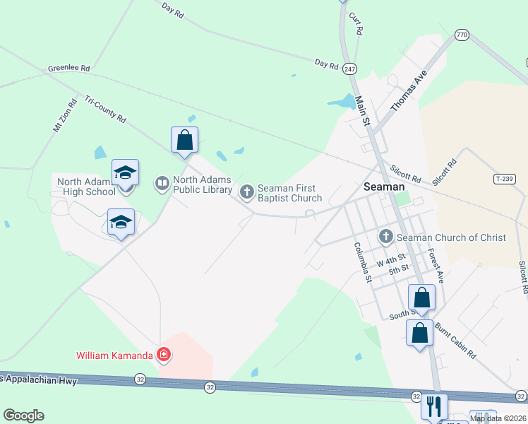 map of restaurants, bars, coffee shops, grocery stores, and more near 6440 Tri-County Road in Seaman