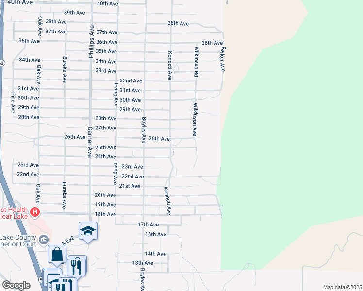 map of restaurants, bars, coffee shops, grocery stores, and more near 16296 25th Avenue in Clearlake