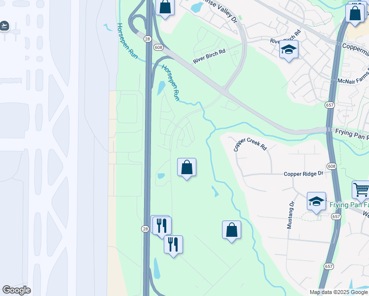 map of restaurants, bars, coffee shops, grocery stores, and more near 2685 Velocity Road in Herndon