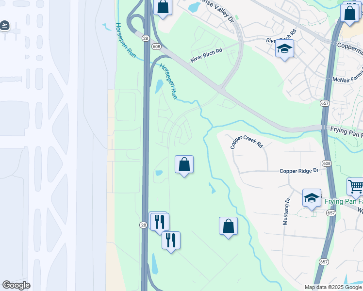 map of restaurants, bars, coffee shops, grocery stores, and more near 2685 Velocity Road in Herndon