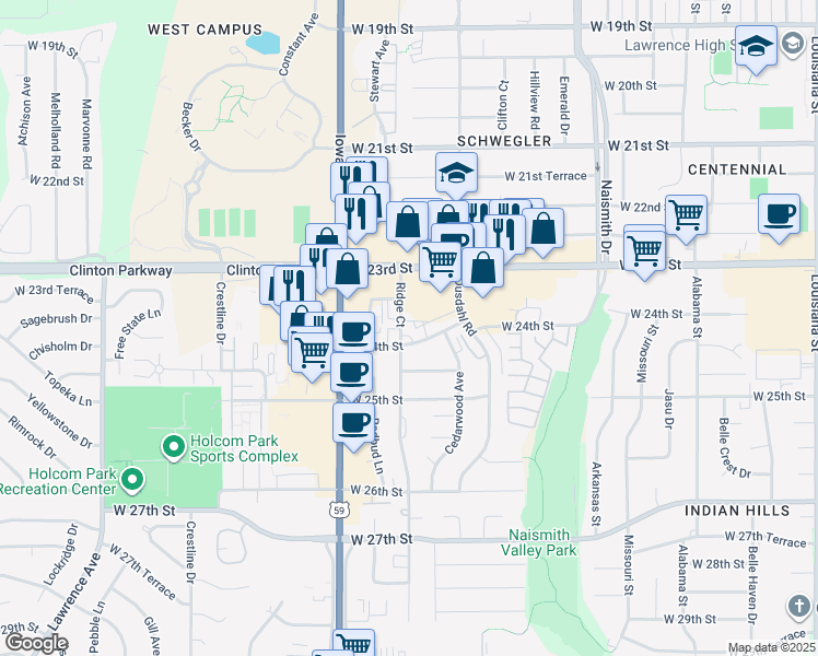 map of restaurants, bars, coffee shops, grocery stores, and more near 2336 Ridge Court in Lawrence
