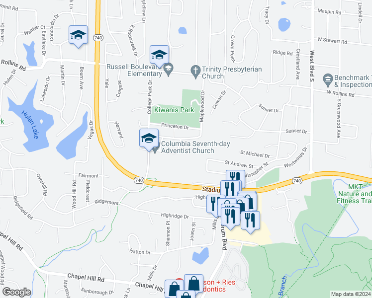 map of restaurants, bars, coffee shops, grocery stores, and more near 1615 Radcliffe Drive in Columbia