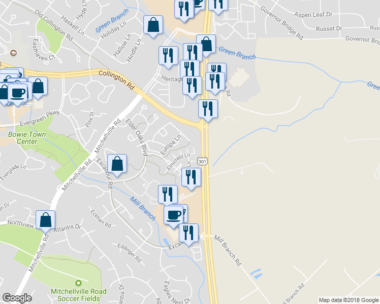 map of restaurants, bars, coffee shops, grocery stores, and more near 4003 Enders Lane in Bowie