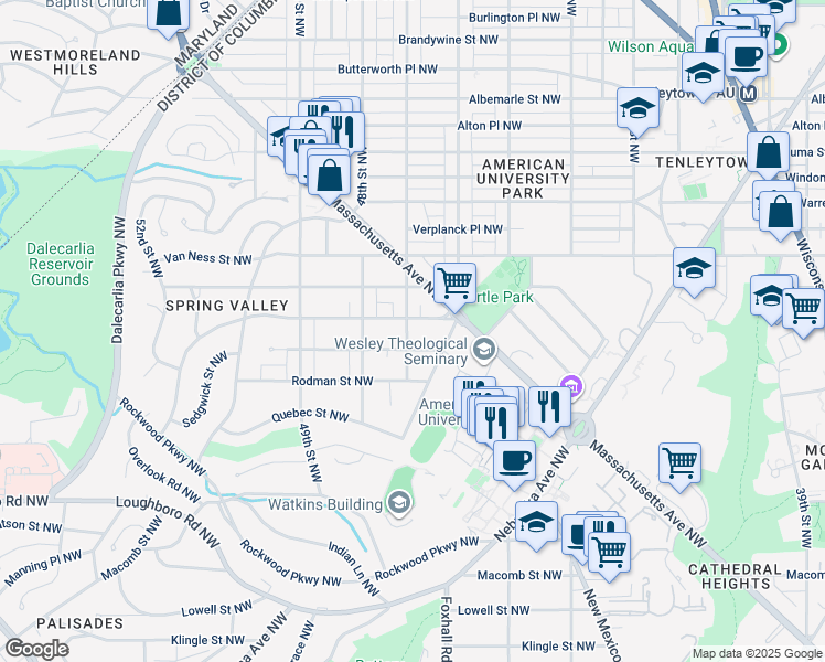 map of restaurants, bars, coffee shops, grocery stores, and more near 3915 47th Street Northwest in Washington