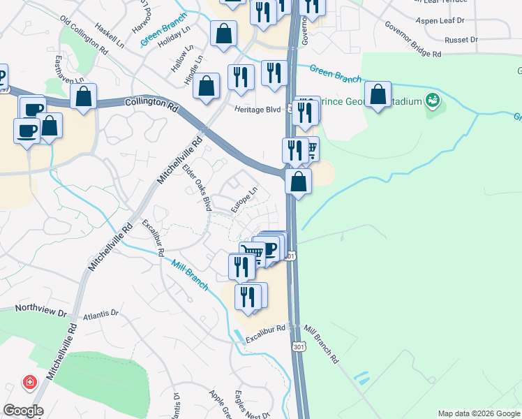 map of restaurants, bars, coffee shops, grocery stores, and more near 16506 Enders Terrace in Bowie