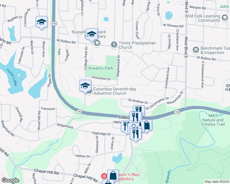 map of restaurants, bars, coffee shops, grocery stores, and more near 1603 Radcliffe Drive in Columbia