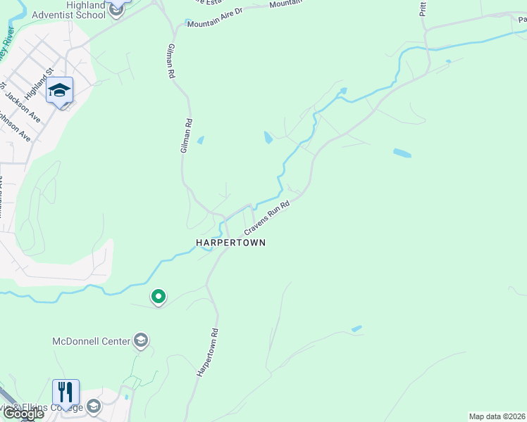 map of restaurants, bars, coffee shops, grocery stores, and more near Cravens Run Road in Elkins