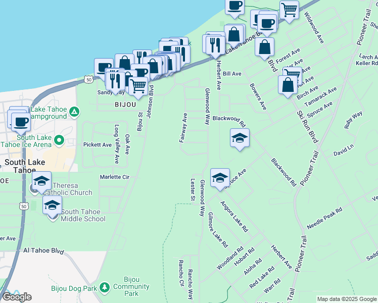 map of restaurants, bars, coffee shops, grocery stores, and more near 1189 Fairway Avenue in South Lake Tahoe