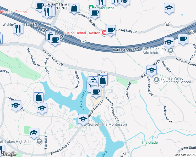 map of restaurants, bars, coffee shops, grocery stores, and more near 11112 Lakespray Way in Reston