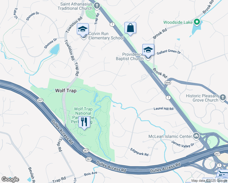 map of restaurants, bars, coffee shops, grocery stores, and more near 1426 Trapline Court in Vienna