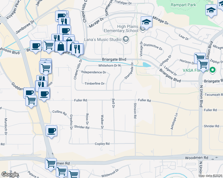 map of restaurants, bars, coffee shops, grocery stores, and more near 7539 Red Mountain Drive in Colorado Springs