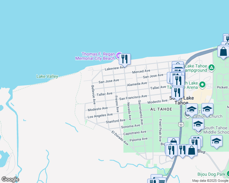 map of restaurants, bars, coffee shops, grocery stores, and more near 3132 Fresno Avenue in South Lake Tahoe