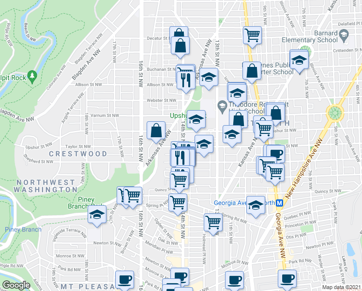 map of restaurants, bars, coffee shops, grocery stores, and more near in Washington