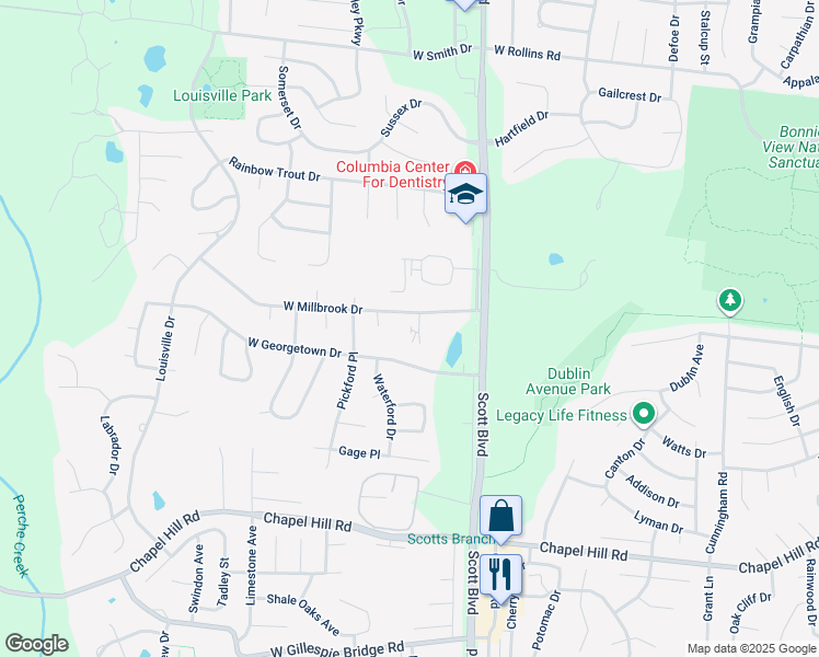 map of restaurants, bars, coffee shops, grocery stores, and more near 4393 West Millbrook Drive in Columbia