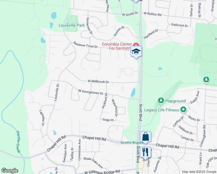 map of restaurants, bars, coffee shops, grocery stores, and more near 4601 West Millbrook Drive in Columbia