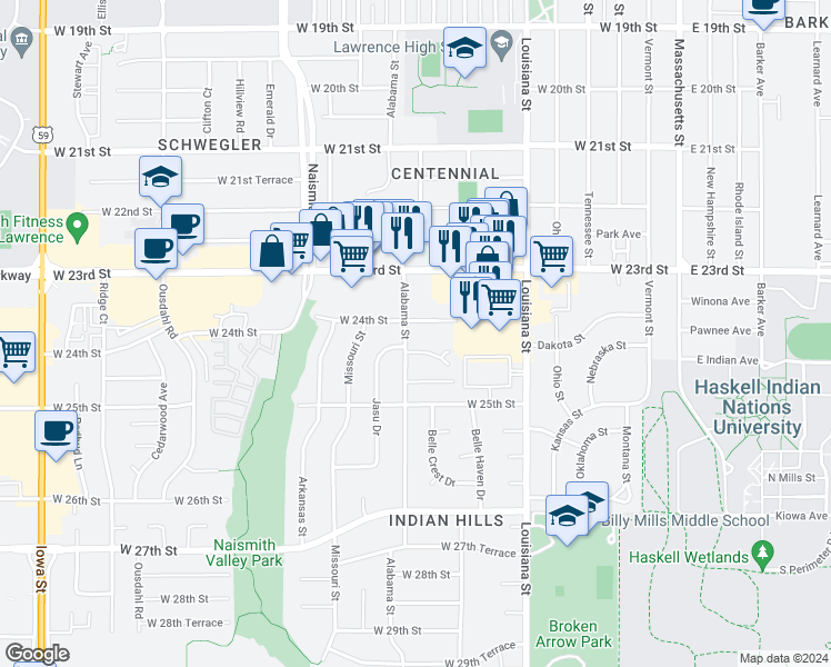 map of restaurants, bars, coffee shops, grocery stores, and more near 816 West 24th Street in Lawrence