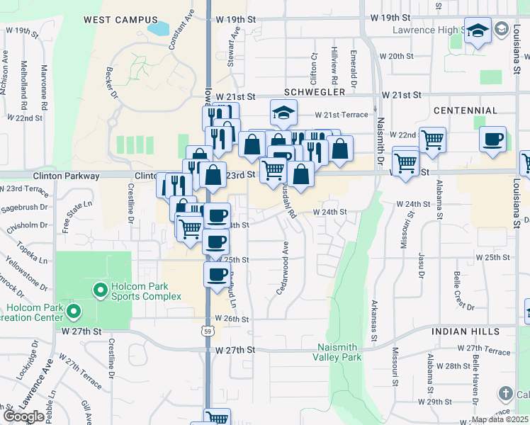 map of restaurants, bars, coffee shops, grocery stores, and more near 2336 Ridge Court in Lawrence