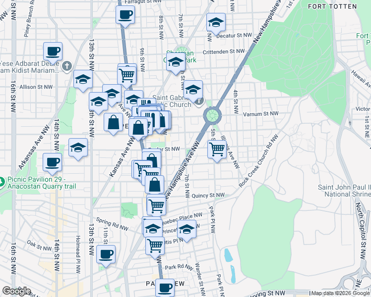 map of restaurants, bars, coffee shops, grocery stores, and more near 7th Street Northwest & Taylor Street Northwest in Washington