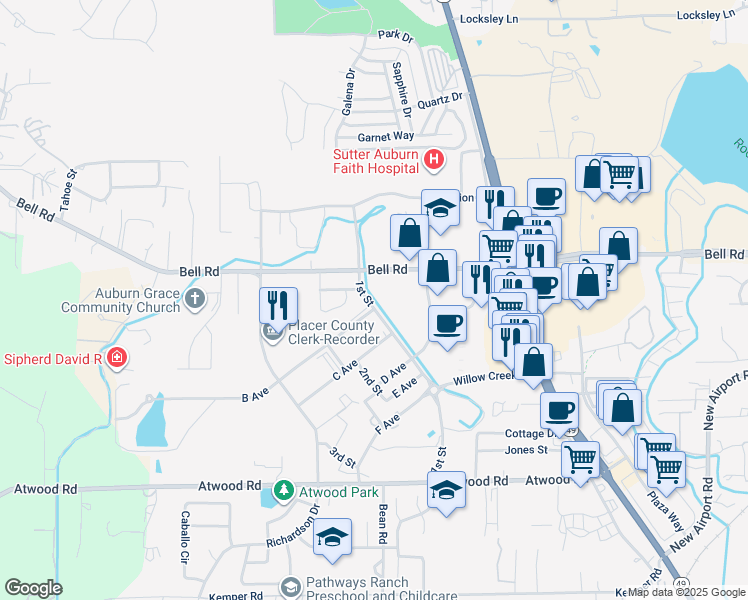 map of restaurants, bars, coffee shops, grocery stores, and more near 2960 1st Street in Auburn