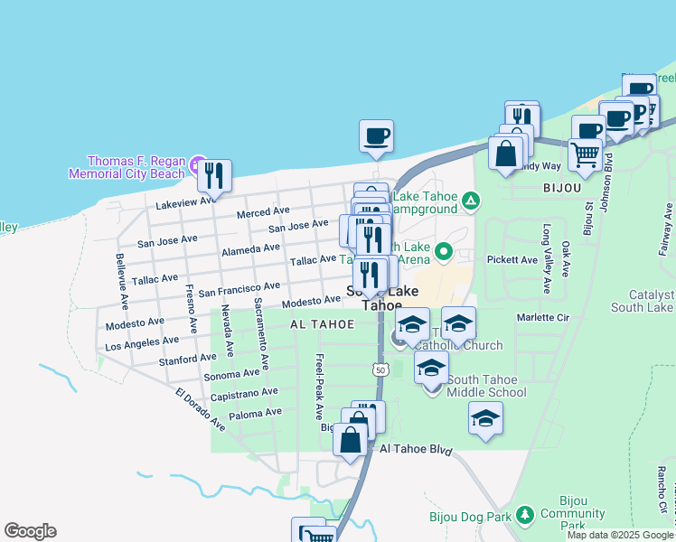 map of restaurants, bars, coffee shops, grocery stores, and more near 949 San Francisco Avenue in South Lake Tahoe