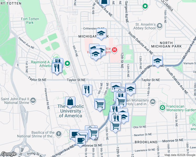 map of restaurants, bars, coffee shops, grocery stores, and more near 812 Taylor Street Northeast in Washington